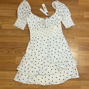 Alice + Olivia Ruffled Tie Front Mini Dress in White and Black